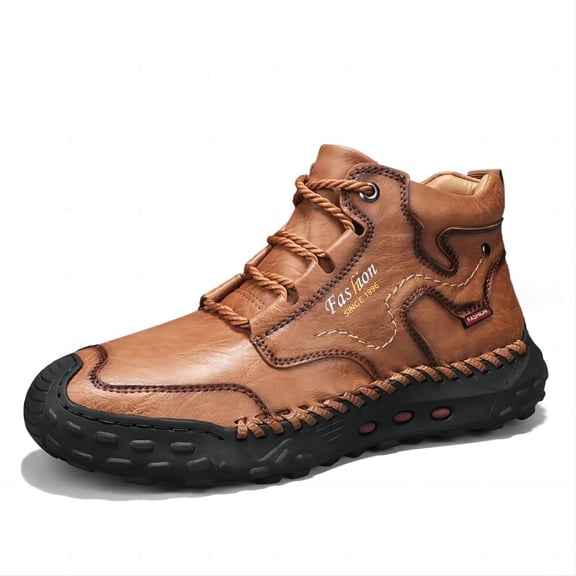 Men's Casual Leather Boots Outdoor For Hiking Lightweight Comfort Breathable Non-slip Mid-Top Ankle Shoes Yellow 10.5 US