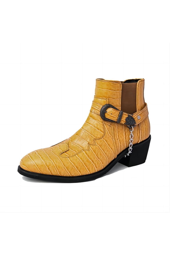 Men's Casual Leather Chelsea Boots Pointed Toe Fashion Classic Western Cowboy Chukka Formal Height-Increasing Ankle Boots Yellow 9.5 US