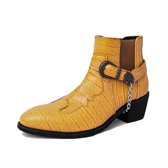 Men's Casual Leather Chelsea Boots Pointed Toe Fashion Classic Western Cowboy Chukka Formal Height-Increasing Ankle Boots Yellow 9.5 US