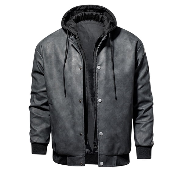 Menโs Casual Leather Jacke Stand Collar PU Faux Leather Zip-Up Motorcycle Bomber Jacket With Hood Fashion Casual Outdoor Coat Up to 65% off Clear!Clearance!!!