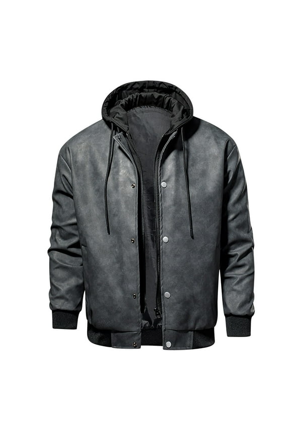 Men’s Casual Leather Jacke Stand Collar PU Faux Leather Zip-Up Motorcycle Bomber Jacket With Hood Fashion Casual Outdoor Coat Up to 65% off Clear!Clearance!!!