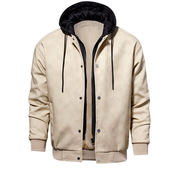 Menโs Casual Leather Jacke Stand Collar PU Faux Leather Zip-Up Motorcycle Bomber Jacket With Hood Fashion Casual Outdoor Coat Up to 65% off Clear!Clearance!!!