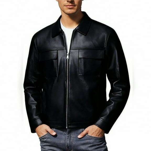 Men's Casual Leather Jacket Stylish Outerwear With Double Pockets Comfortable Everyday Wear Versatile Durable All Seasons Fashion