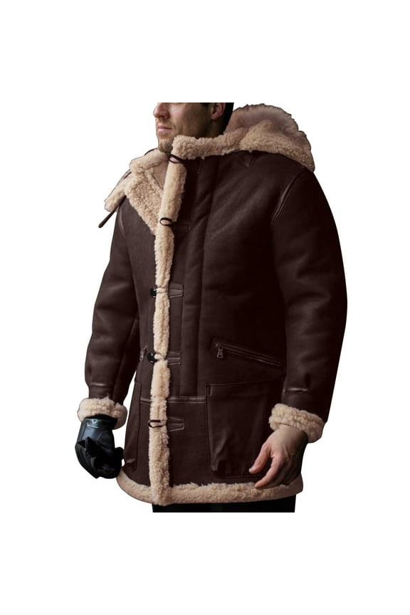 Men's Casual Leather Jacket Winter Coat with Hood Long Sleeve Lapel Design Thickened Sheepskin Padded for Warmth Comfort