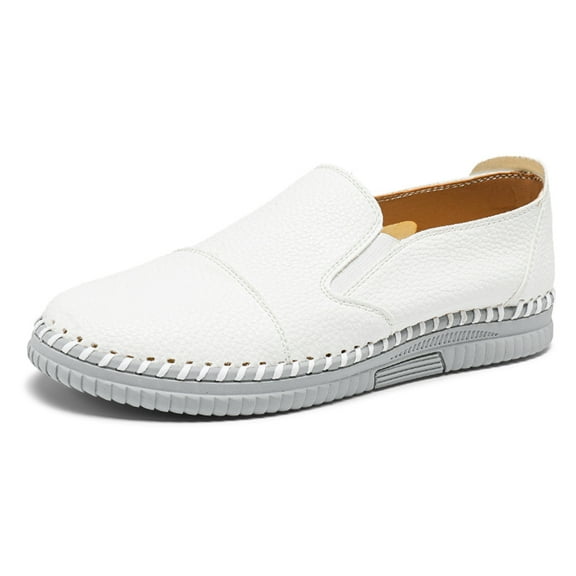 Men's Casual Leather Loafer Shoes Slip On Soft Breathable Handmade Stitching Fashion Shoes Lightweight Driving Dress Shoe White 9.5 US