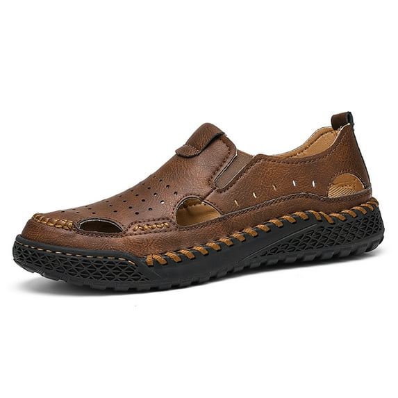 Men's Casual Leather Sandals Hollow Outdoor Breathable Comfortable Closed Toe Fisherman Summer Beach Walking Wading Shoes Yellow 6.5 US