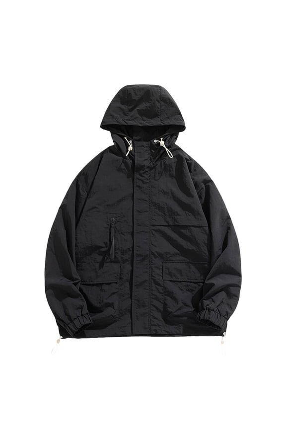 Men's Casual Letter Print Zip Up Jacket Lightweight Neck Outerwear for Fall Winter Regular Fit Long Sleeve Coat with Pockets