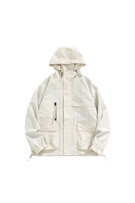 Men's Casual Letter Print Zip Up Jacket Lightweight Neck Outerwear for Fall Winter Regular Fit Long Sleeve Coat with Pockets