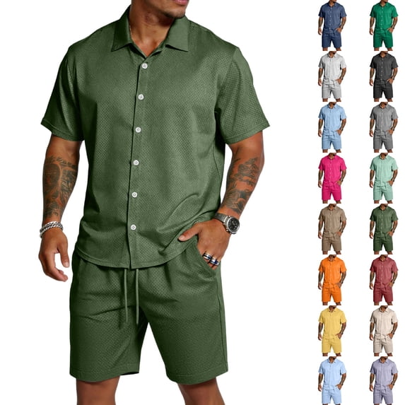 Men's Casual Lightweight Breathable Short Sleeve Collared Shirt and Drawstring Shorts Set Summer Beach Vacation Outfits Army Green L