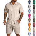 thumbnail image 1 of Men's Casual Lightweight Breathable Short Sleeve Collared Shirt and Drawstring Shorts Set Summer Beach Vacation Outfits Khaki L, 1 of 6
