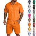 thumbnail image 1 of Men's Casual Lightweight Breathable Short Sleeve Collared Shirt and Drawstring Shorts Set Summer Beach Vacation Outfits Saffron 3XL, 1 of 6