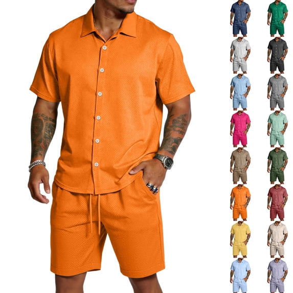 Men's Casual Lightweight Breathable Short Sleeve Collared Shirt and Drawstring Shorts Set Summer Beach Vacation Outfits Saffron 3XL