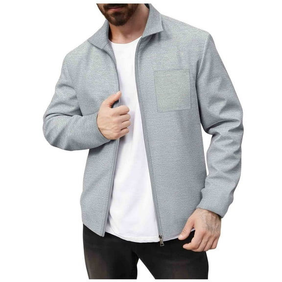 Men's Casual Lightweight Jackets Laydown Collar Full Zip Closure Sweatshirts Long Sleeve Solid Color Tops With Pocket (L, Gray)