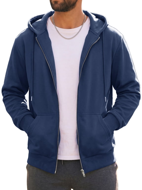 Men's Casual Lightweight Solid Color Zip Up Drawstring Hooded Jacket L Navy Blue