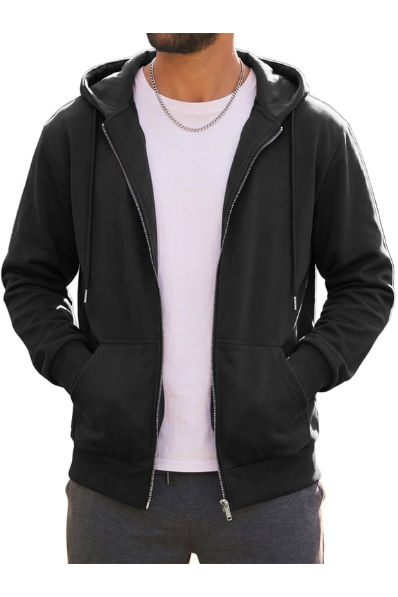 Men's Casual Lightweight Solid Color Zip Up Drawstring Hooded Jacket XL Black