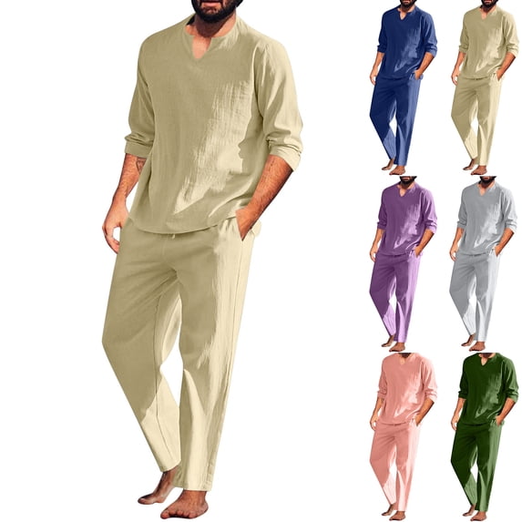 Men's Casual Linen Blend Pullover Shirt and Trouser Set Solid Color Fashion Loose Fit Office Work Travel Loungewear Modern Two Piece Outfit for Men | AESTIVO,Blue L