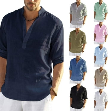 TSEXIEFOOFU Mens Long Sleeve Shirts Cotton Linen Button Down Beach ...