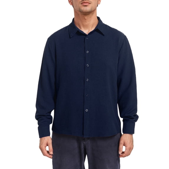 Men's Casual Linen Button Down Shirt - Long Sleeve, Loose Fit - Polyester Blend for Autumn - V-Neck, S-XXXL Sizes, Machine Washable