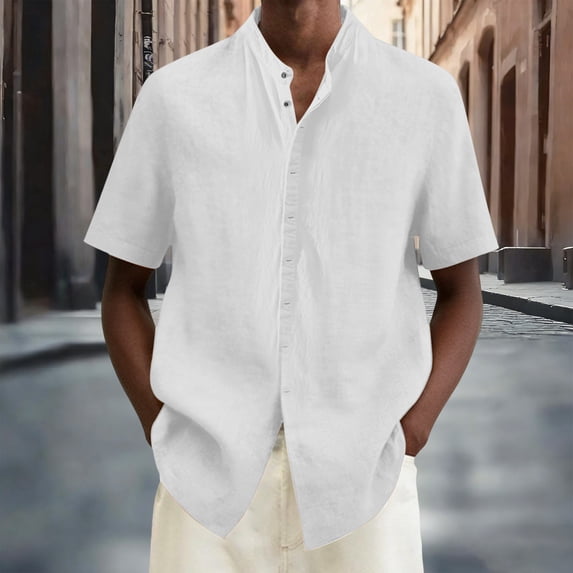 Men's Casual Linen Button-Up Shirt Short Sleeve Stand Collar Open Front Top