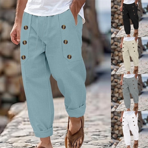 Men's Casual Linen Drawstring Pants, Trousers Joggers, Elastic Waist Straight Leg with Button Pockets, Lightweight Breathable Stretchy for Vacation Daily Beach Summer Essentials