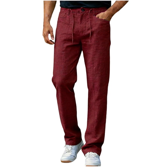 Men's Casual Linen Dress Pants Button Fly Drawstring Lightweight Straight-Leg Trousers for Beach Summer