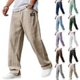 thumbnail image 1 of Men's Casual Linen Embroidered Pants, Drawstring Elastic Waist Loose Fit Comfortable Pocket Trousers for Spring Summer,Light Green,XL, 1 of 7