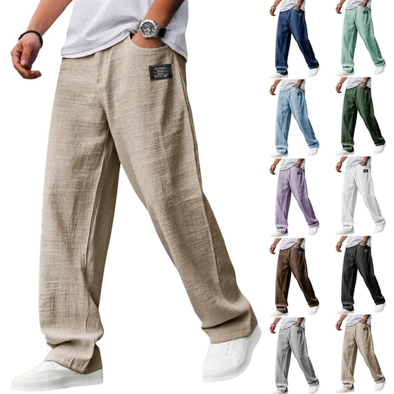 Men's Casual Linen Embroidered Pants, Drawstring Elastic Waist Loose Fit Comfortable Pocket Trousers for Spring Summer,Light Green,XL