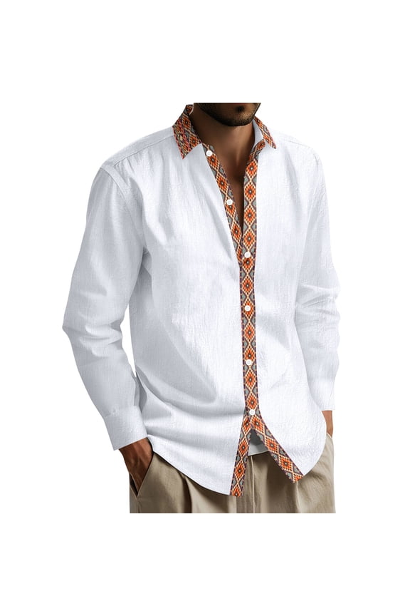 Men's Casual Linen Long Sleeve Shirt - Bohemian Loose Fit Lapel Cardigan Style Button Down Shirt for Summer, Beach, and Relaxed Boho Fashion,White,3XL