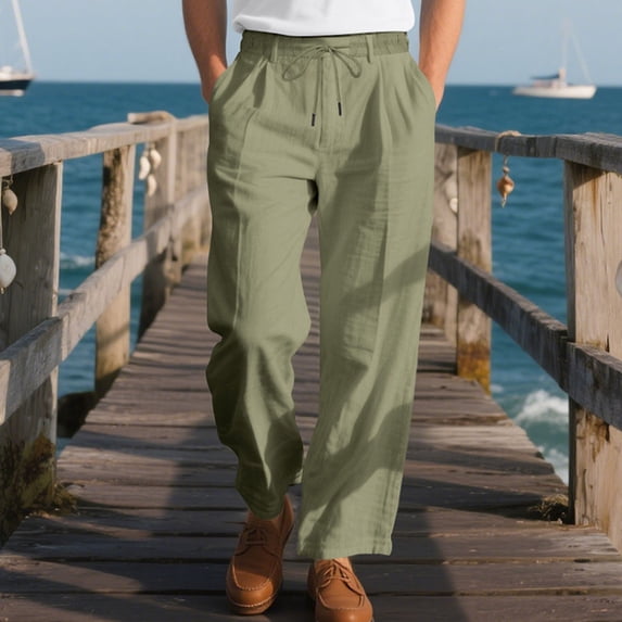 Men's Casual Linen-Look Cotton Blend Drawstring Waist Wide Leg Lounge Pants