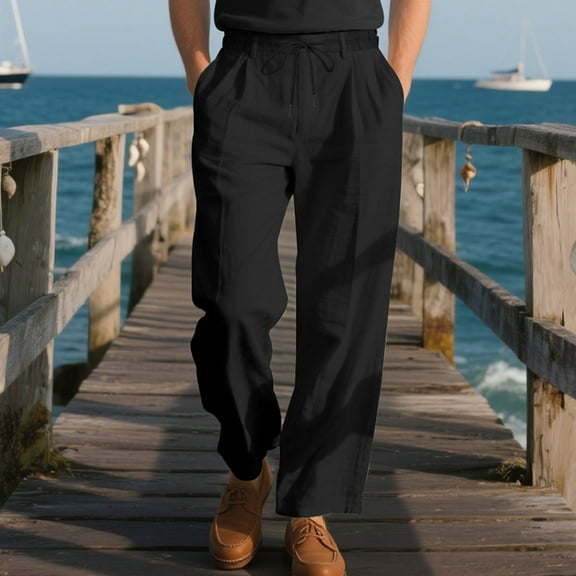 Men's Casual Linen-Look Cotton Blend Drawstring Waist Wide Leg Lounge Pants