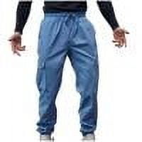 Men's Casual Linen Pant Beach Summer Elastic Waist Drawstring Pants Solid Color Pocket Full Length Pants Blue
