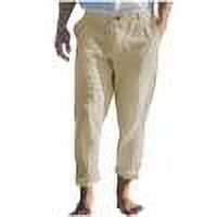 Men's Casual Linen Pants Beach Summer Elastic Waist Drawstring Pants Khaki