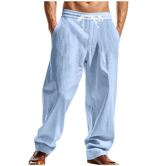 Men's Casual Linen Pants Elastic Waist Drawstring Beach Summer Pants Lightweight Linen Trousers Light Blue XL