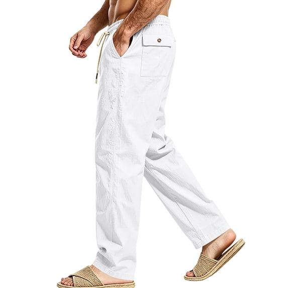 Men's Casual Linen Pants Elastic Waist Drawstring Lightweight Relaxed Fit Trousers Summer Beach Yoga Lounge Pants with Pockets Comfortable Daily Wear