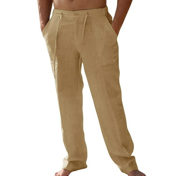 Men's Casual Linen Pants Loose Fit Drawstring Elastic Waisted Straight Leg Pants Summer Stretch Beach Vacation Yoga Travel Linen Trousers with Pockets Earthy Yellow S