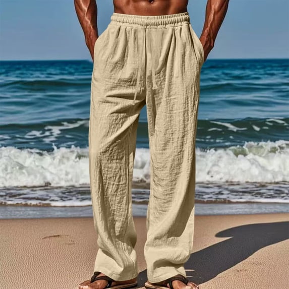 Men's Casual Linen Pants Loose Fit Drawstring Waist Lightweight Linen Trousers Summer Yoga Beach Long Pants Brown XL