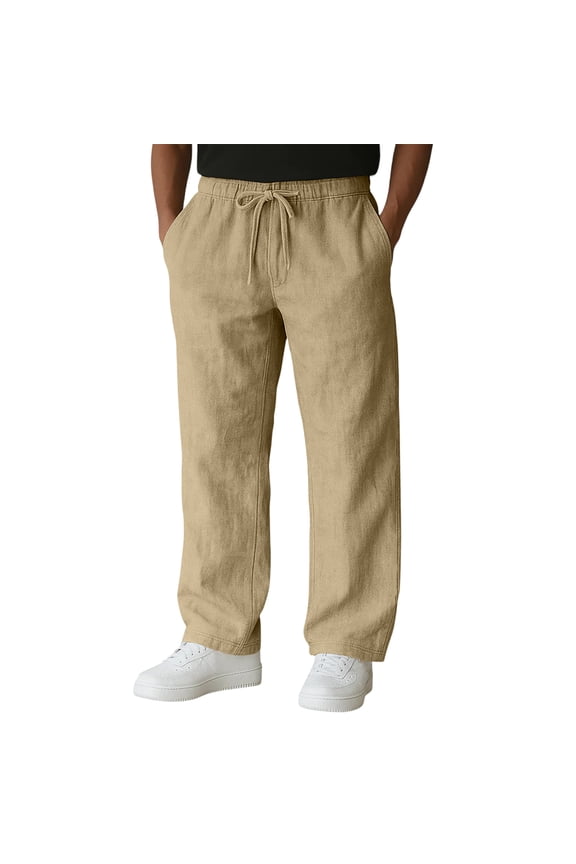 Men's Casual Linen Pants Loose Fit Drawstring Waist Lightweight Men Linen Summer Pants Khaki S