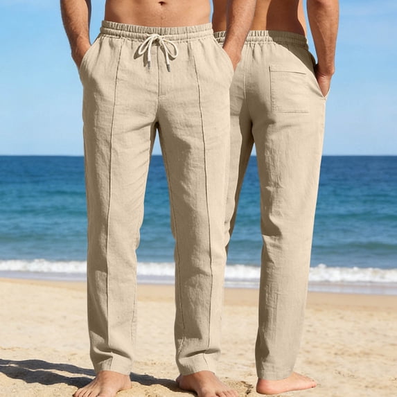 Men's Casual Linen Pants with Elastic Waist, Drawstring, and Side Pockets - Breathable & Comfortable