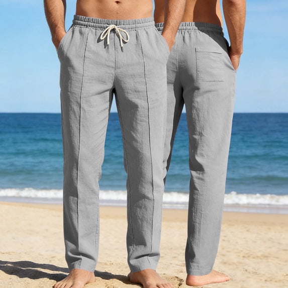 Men's Casual Linen Pants with Elastic Waist, Drawstring, and Side Pockets - Breathable & Comfortable