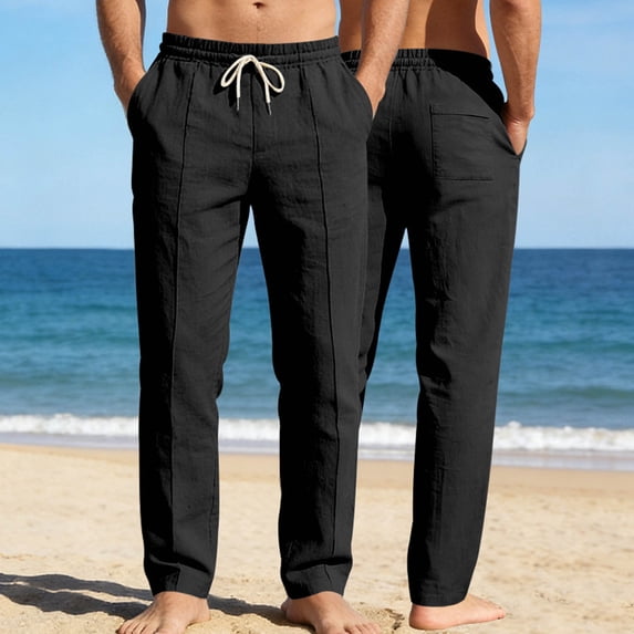 Men's Casual Linen Pants with Elastic Waist, Drawstring, and Side Pockets - Breathable & Comfortable