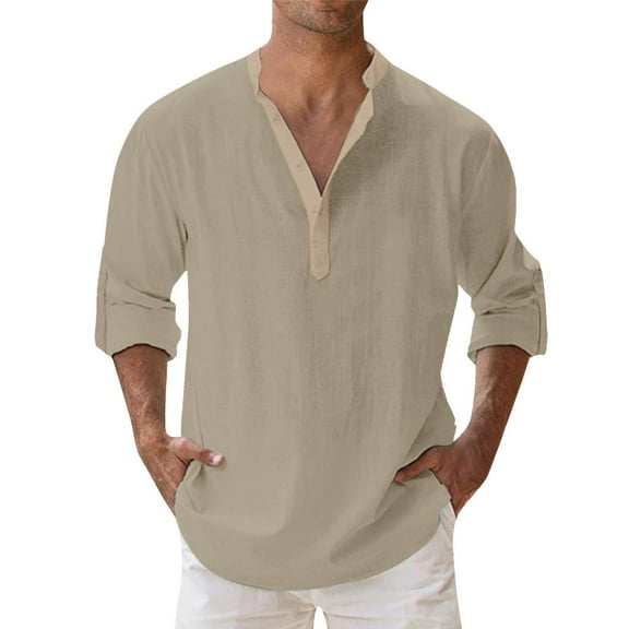 Men's Casual Linen Shirt Long Sleeve Stand Collar Solid Color Pocket Pullover Beach Summer Tops Mens Summer Lightweight Pullover Tee Shirts
