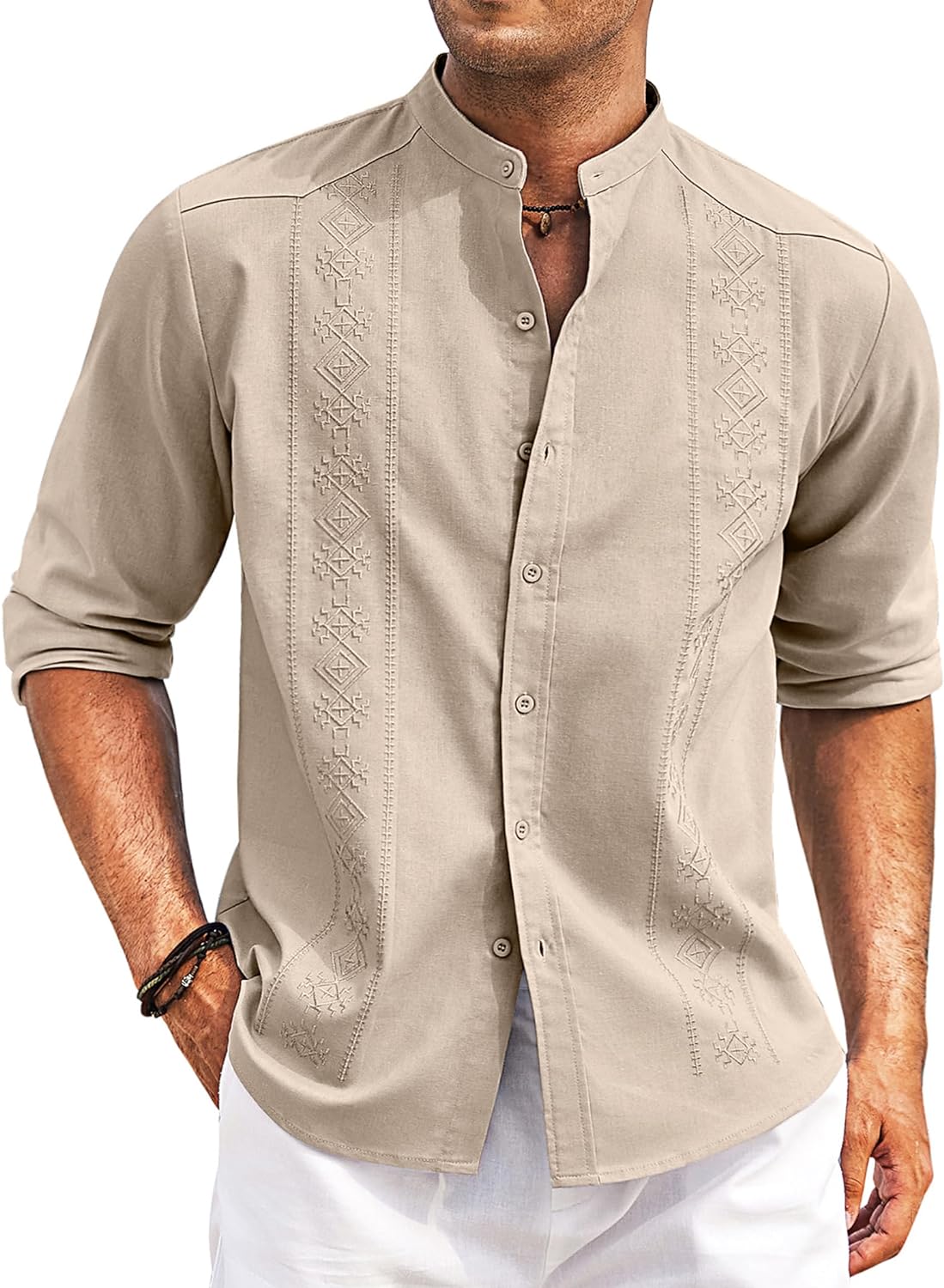 Men's Casual Linen Shirts Cuban Guayabera Long Sleeve Beach Shirt Collarless Button Down T
