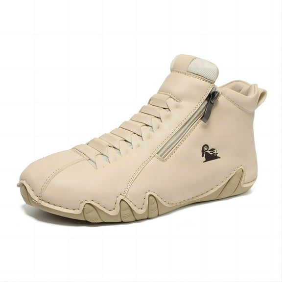 Men's Casual Loafers Leather Hand-stitched Lightweight Non-Slip Breathable Hiking Outdoor Soft Flat Boots Mid-Top Shoes Beige 8.5 US