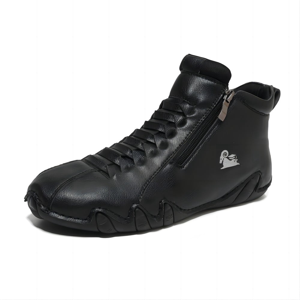 Men's Casual Loafers Leather Hand-stitched Lightweight Non-Slip Breathable Hiking Outdoor Soft Flat Boots Mid-Top Shoes Black 5 US