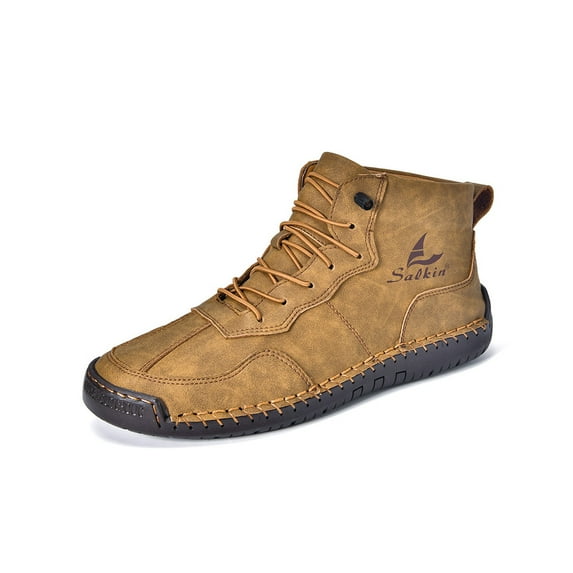 Mens Casual Leather Boots Vintage Lace Up High Top Bare Boots Lightweight Non-Slip Driving Flat Shoes Yellow 10.5 US