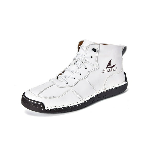 Mens Casual Leather Boots Vintage Lace Up High Top Bare Boots Lightweight Non-Slip Driving Flat Shoes White 7.5 US