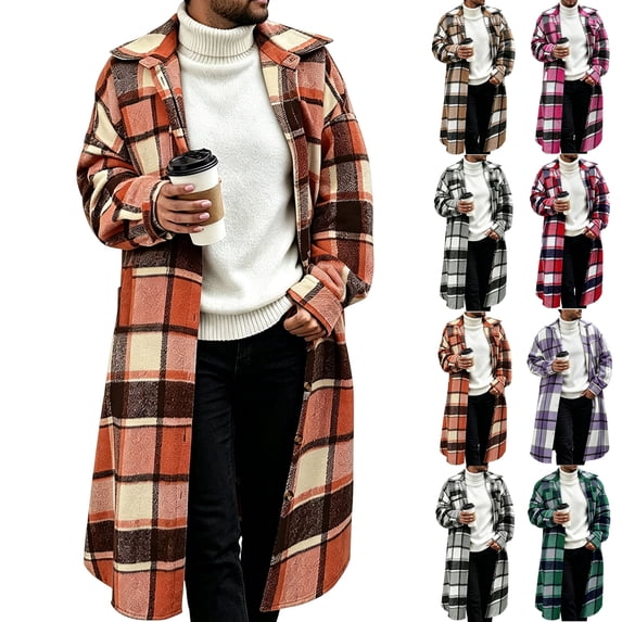Men's Casual Long Plaid Jacket Coat,Button Down Long Sleeve Open Front Shacket,Trendy Outfits