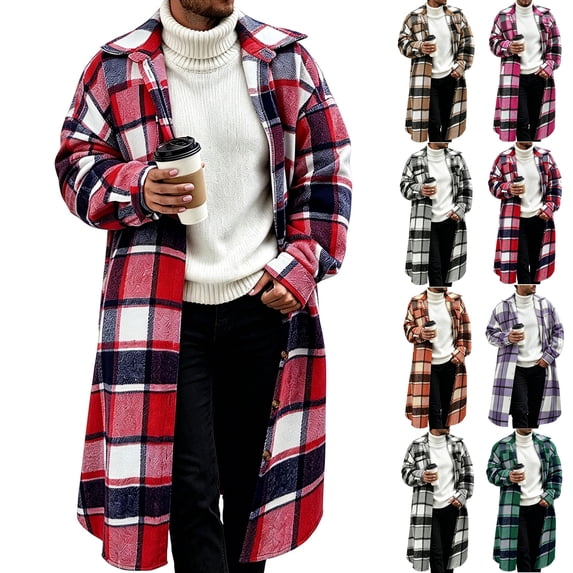 Men's Casual Long Plaid Jacket Coat,Button Down Long Sleeve Open Front Shacket,Trendy Outfits