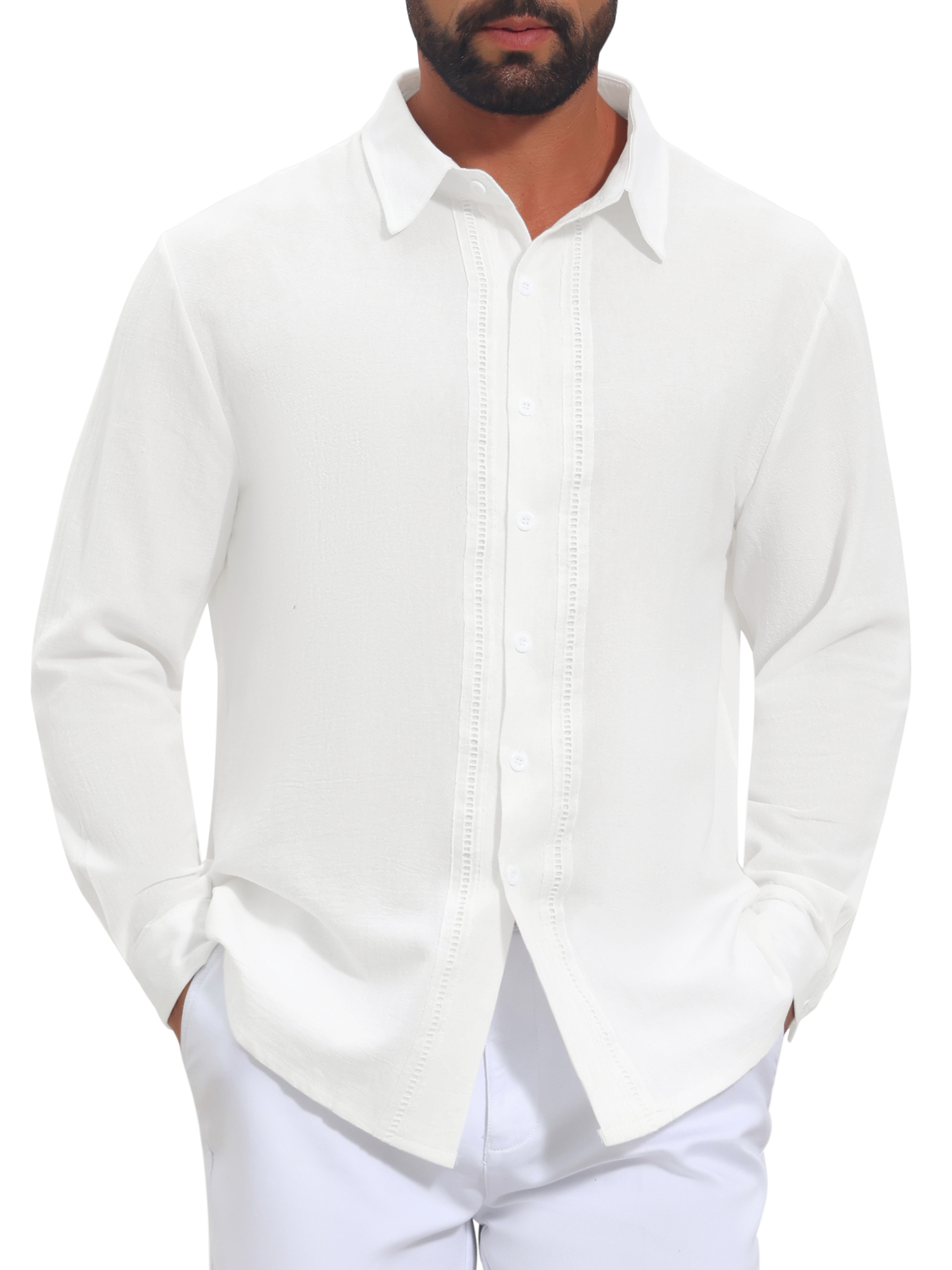 INSPIRE CHIC Men's Shirt Lace Trim Long Sleeve Button Down Casual Shirt Top L White