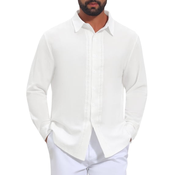 INSPIRE CHIC Men's Shirt Lace Trim Long Sleeve Button Down Casual Shirt Top M White